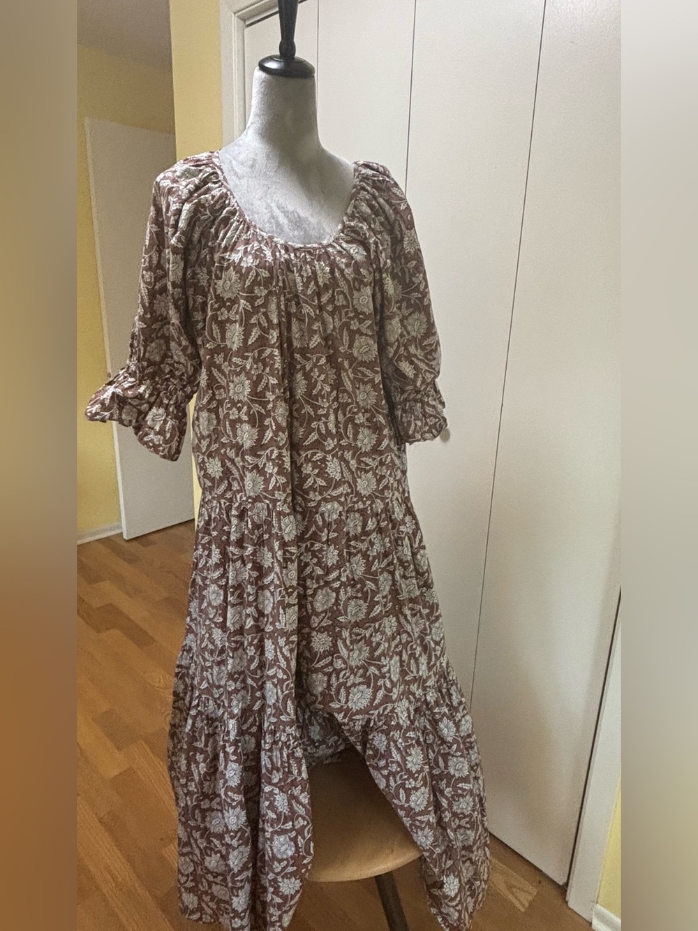 Boho Floral Tiered Maxi Dress in Dusty Light Brown. XL Daughters of India